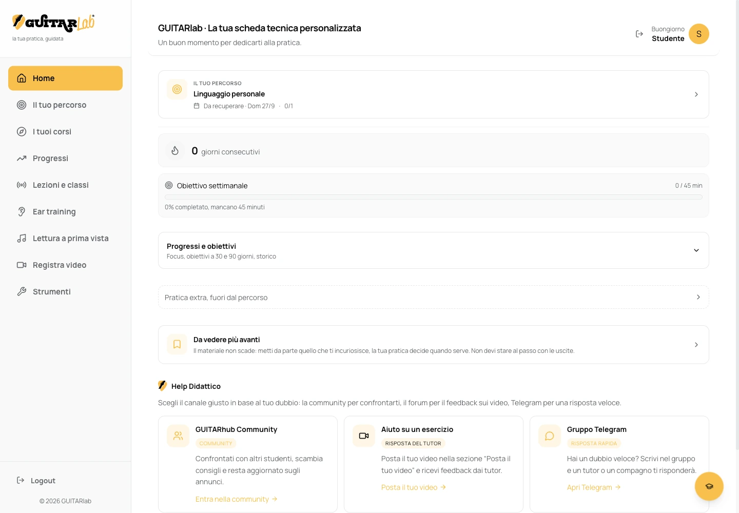 Home, schermata reale anonimizzata della dashboard GUITARlab.