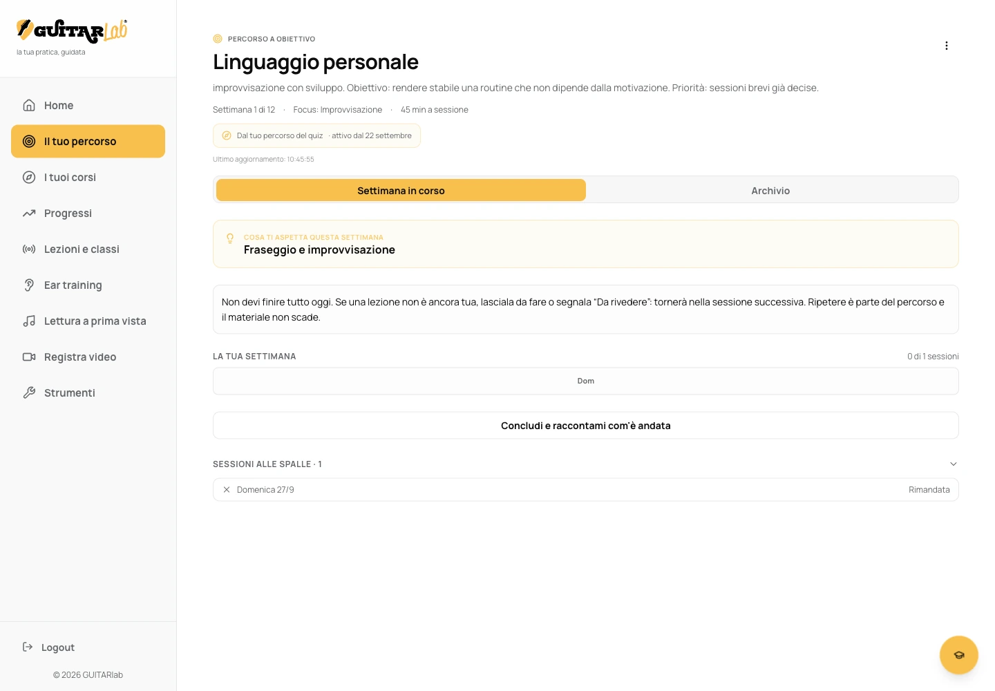 Il percorso, schermata reale anonimizzata della dashboard GUITARlab.