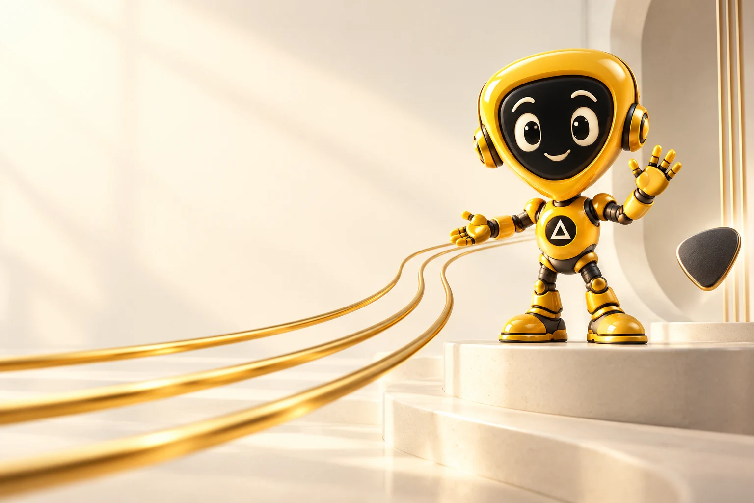 Interpretazione illustrata di Delta, la mascotte di GUITARlab, accanto a tre percorsi dorati.
