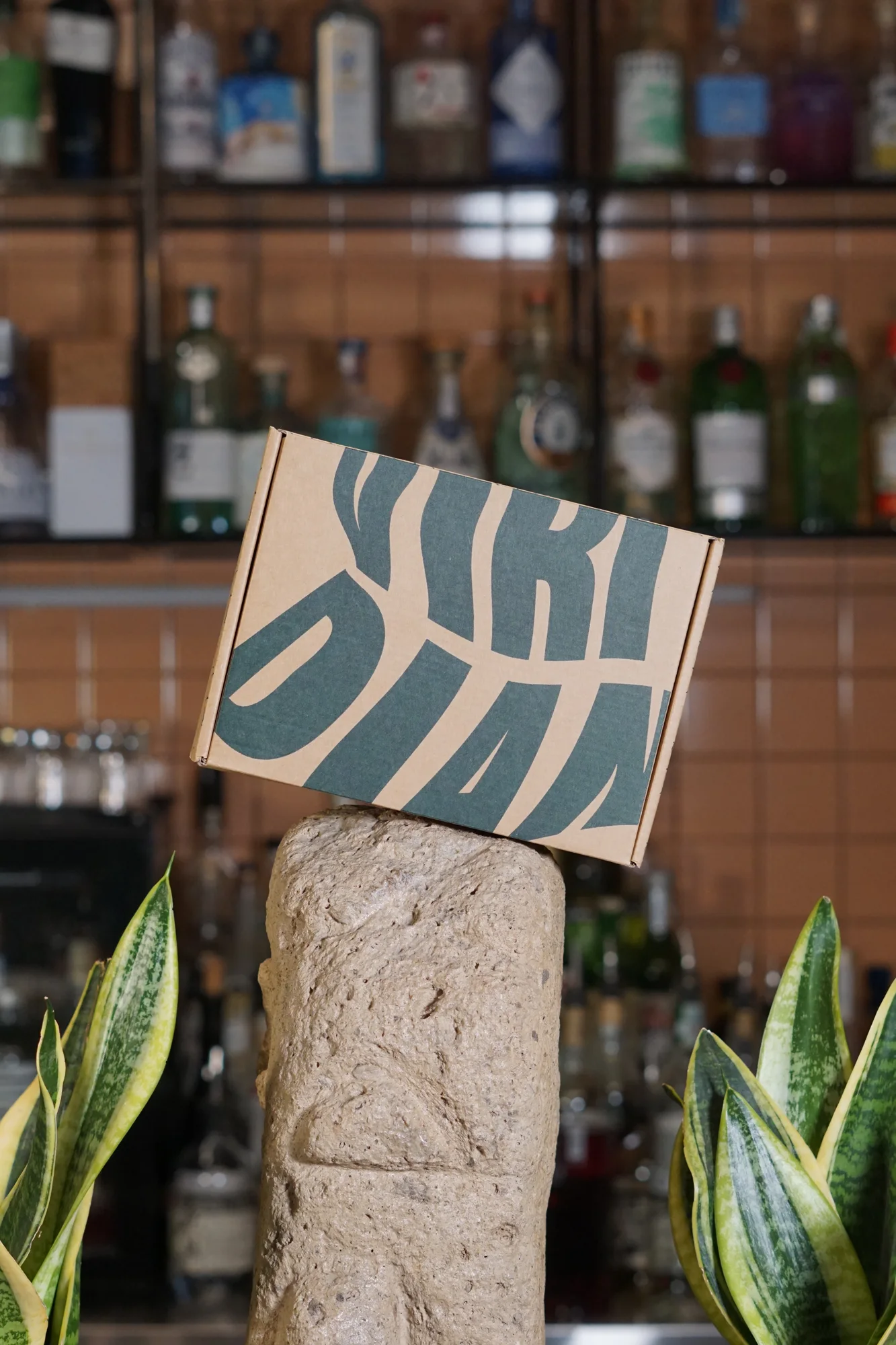 La confezione Viridian sul legno e sulle foglie.