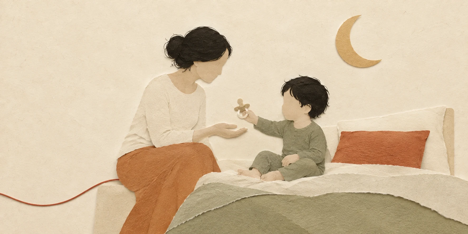 Un bambino offre il ciuccio alla mamma, seduti insieme sul letto