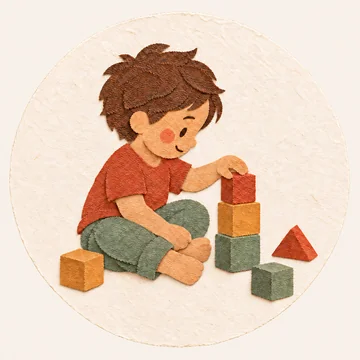 Un bambino costruisce da solo con i cubi di legno