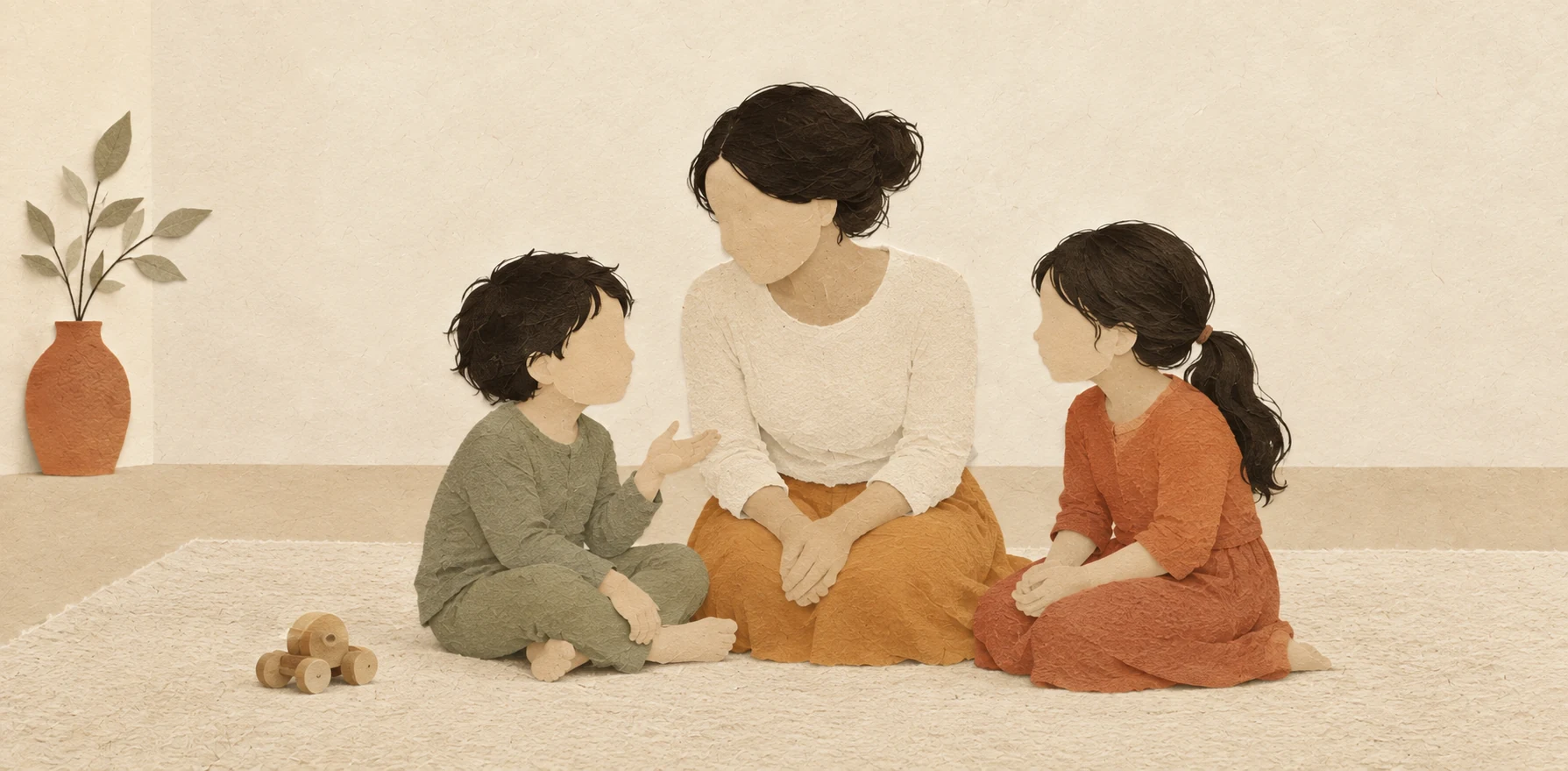 La mamma ascolta entrambi i fratelli seduta alla loro altezza