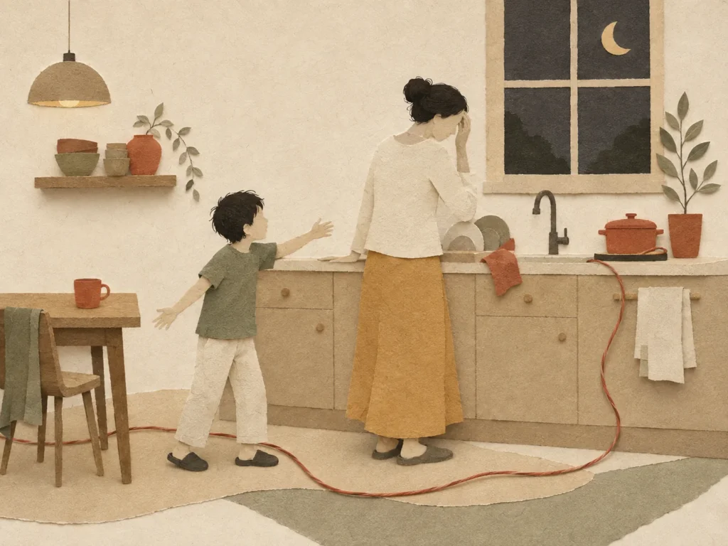 Alla sera, un bambino protesta in cucina mentre l'adulto cerca di reggere la situazione