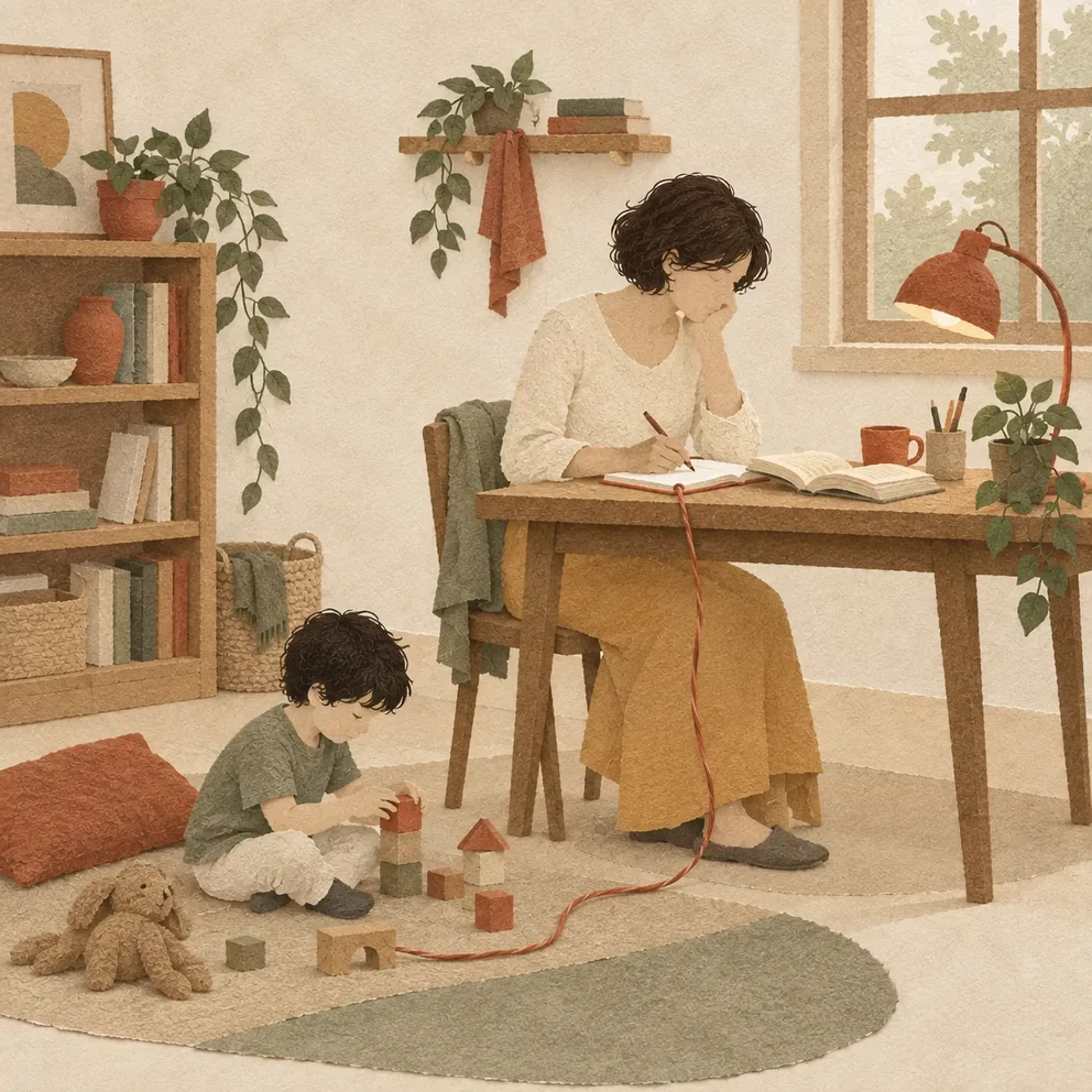 Una mamma studia e prende appunti mentre suo figlio gioca accanto a lei
