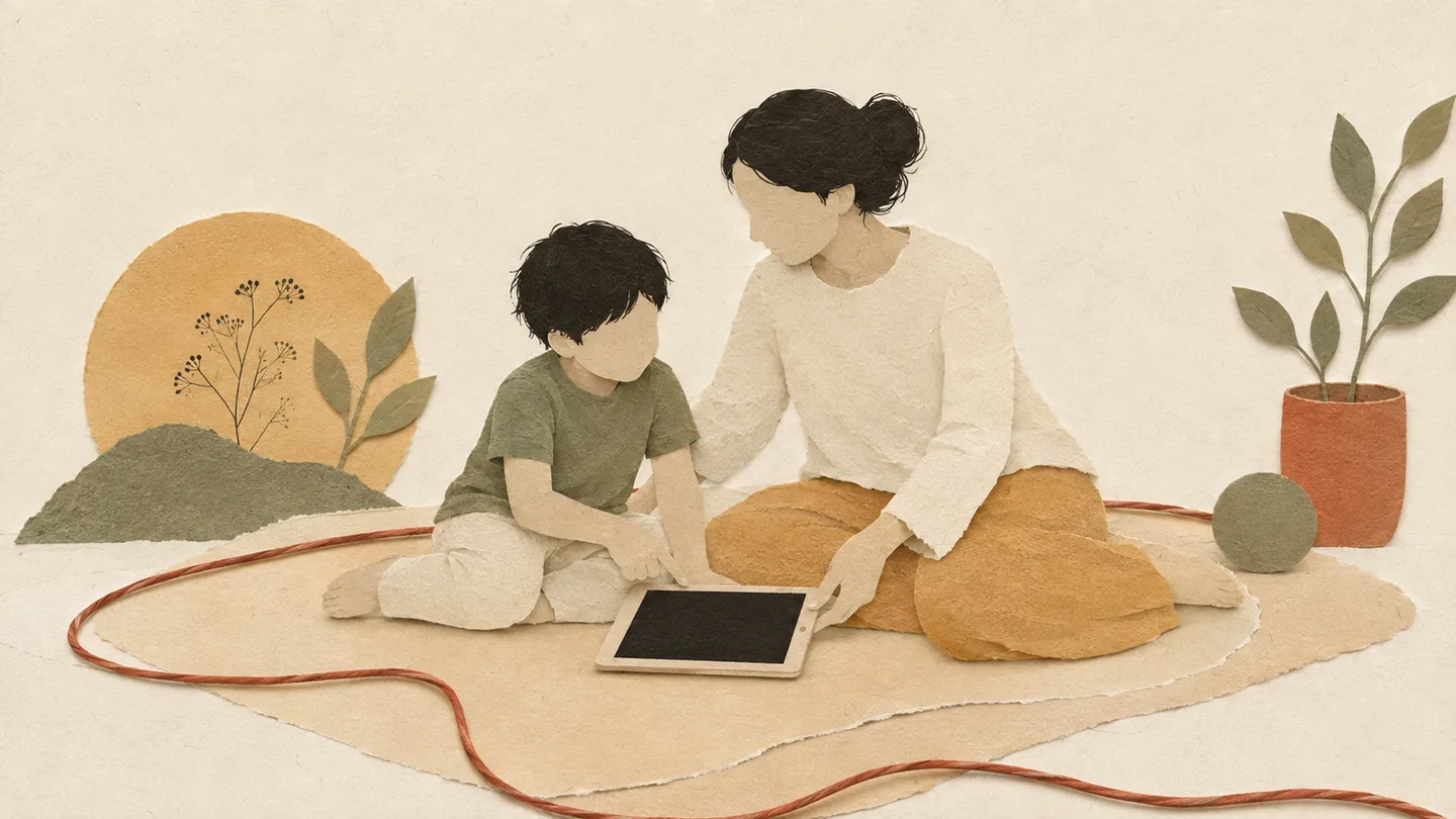 Una mamma seduta sul tappeto accanto al figlio con il tablet spento