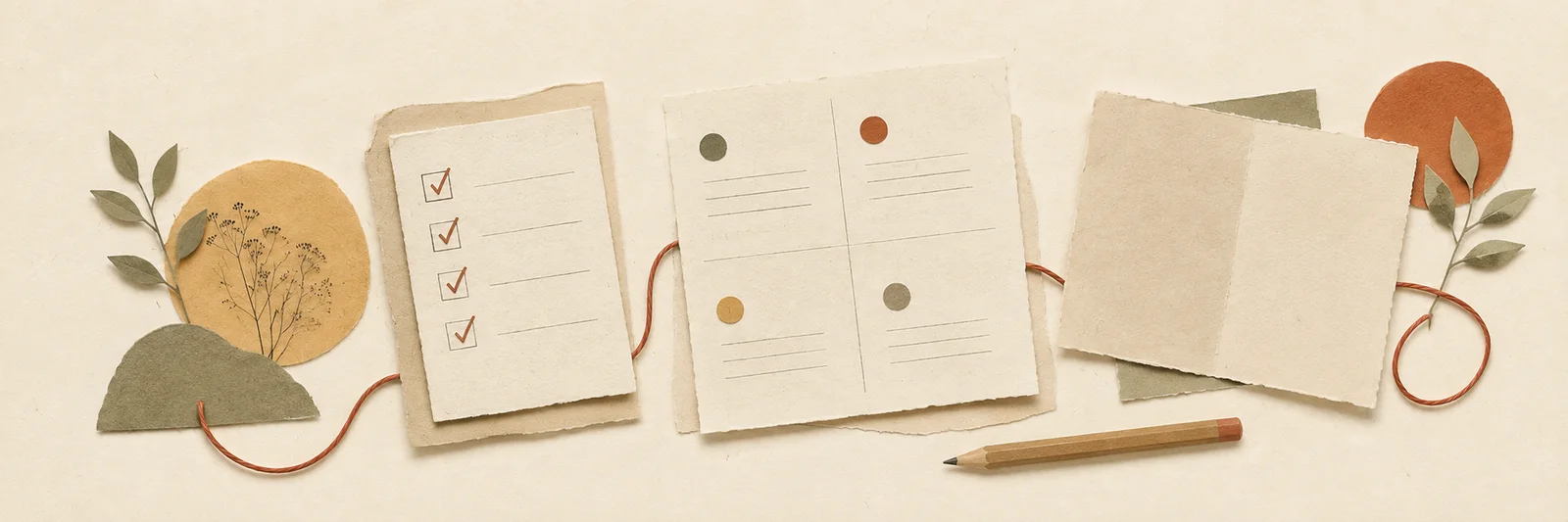 Una lista spuntata, un quaderno e un foglio di carta uniti da un filo rosso, con una matita accanto