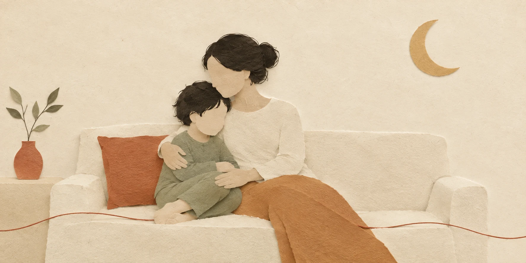 La mamma abbraccia il bambino sul divano e gli offre conforto
