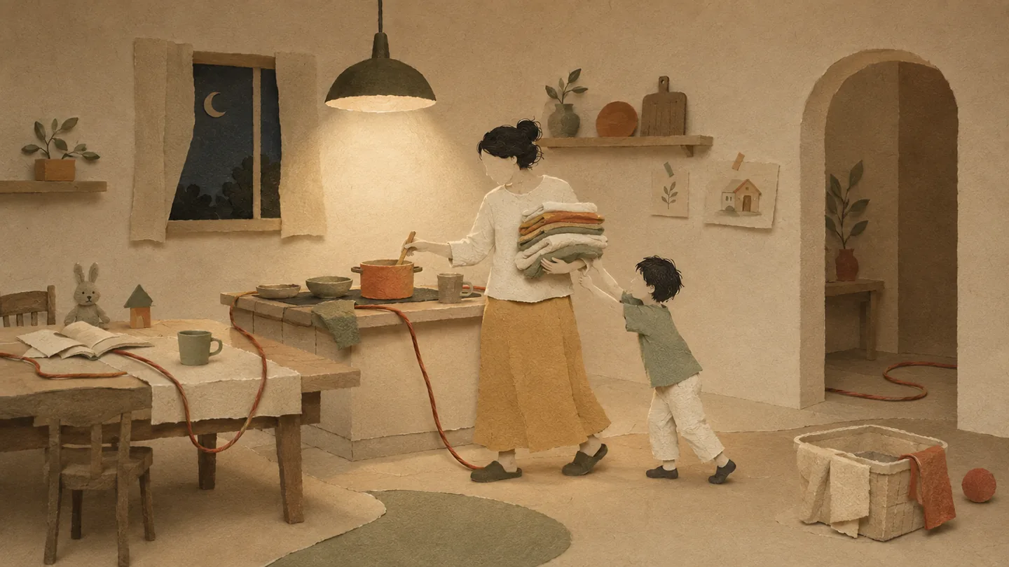 Una mamma in cucina la sera, con il bucato in braccio e il figlio che le tira la maglia