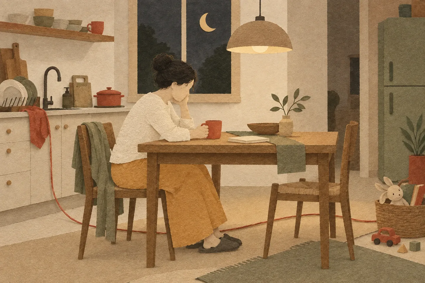 Una madre si concede una pausa in cucina dopo una giornata faticosa