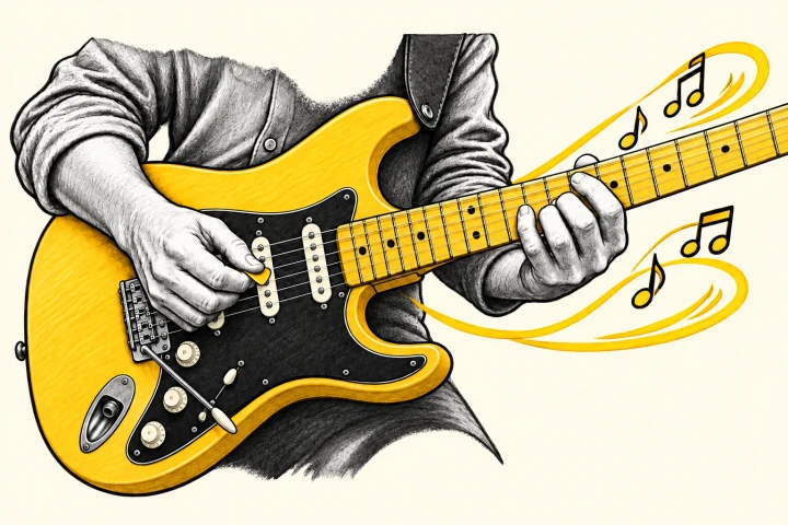 Mani sulla chitarra elettrica trasformano le note in una frase musicale