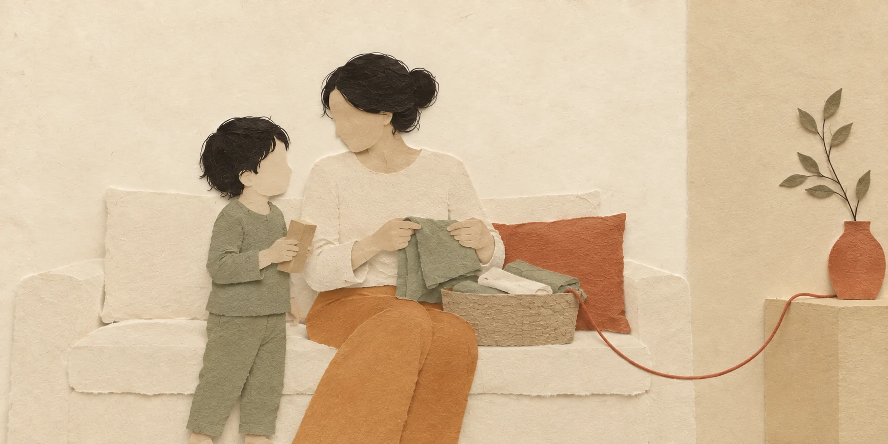 Il bambino cerca la mamma mentre lei piega il bucato sul divano
