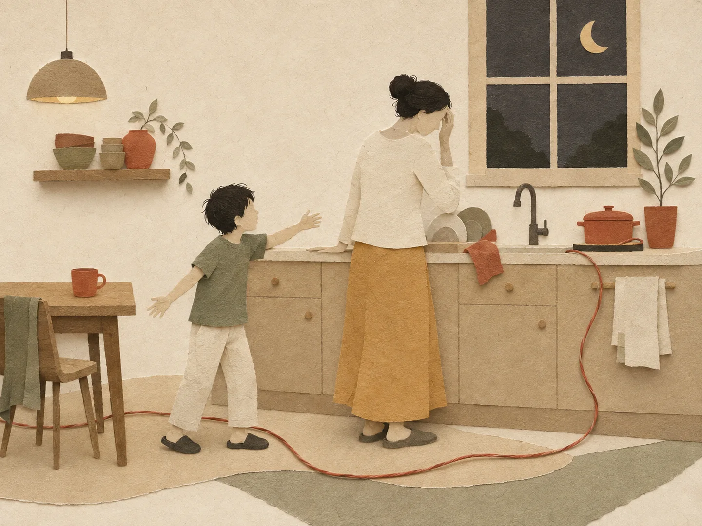 Alla sera, un bambino protesta in cucina mentre l'adulto cerca di reggere la situazione
